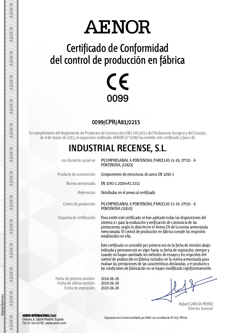 Certificado calidad aenor industrial recense
